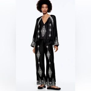 Zara Embroidered Black and White Embroidered Women's Satin Pants XS